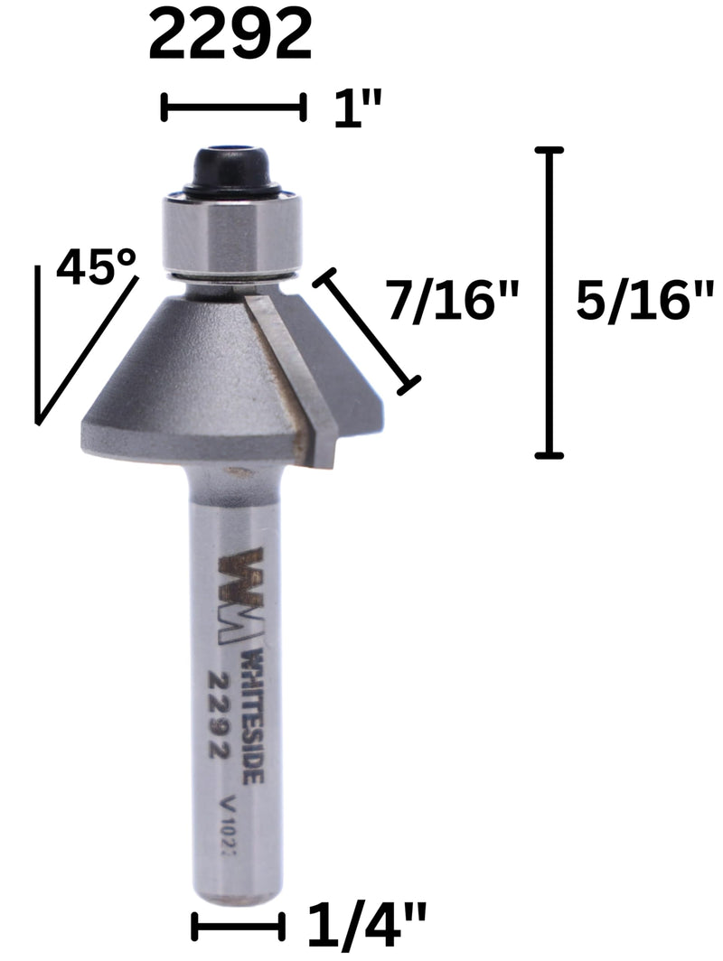 Whiteside 2292 45 Degree Chamfer Router Bit: 45 Degree Angle, 7/16 Inch Cutting Length, 5/16 Inch Cutting Height, 1/4 Inch Shank,1 Inch Large Diametert