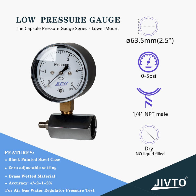 [Australia - AusPower] - 0-5 Psi Low Capsule Pressure Gauge, Face Dia 2-1/2 Dia, with Valve,Zero Adjustment,for Air Gas Water Regulator Pressure Test 2-1/2" 0-5 psi ( with valve ) 