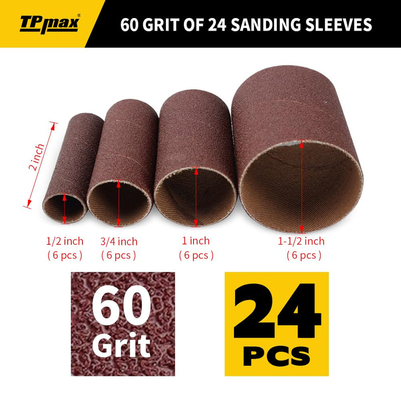 [Australia - AusPower] - 24-Pack Spindle Sanding Sleeves - 60 Grit - 2-Inch Length - Assorted Diameters of 1/2 in, 3/4 in, 1 in, and 1-1/2 inches 60 Grit(24 pk) 