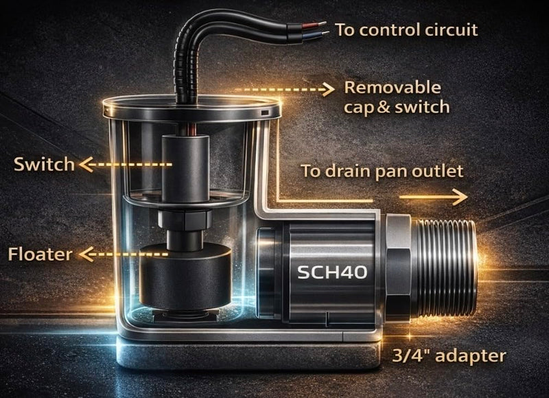 SS2 AC Float Switch AC Float Safety Switch HVAC 3/4 Inch Condensate Shut Off Sensor Can Prevent Overflow in Drain Pan or Gravity Drain Used in Various Applications. ECWB 1
