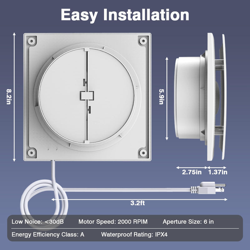 Bathroom Exhaust Fan,6 Inch Small Compact Window Exhaust Fan,Wall Mount Plug In Duct Free Ventless Vent Fan for Bath, Kitchen, Garage,56 CFM Airflow,Quiet 1.5 Sones,Anti-Backflow,Energy-Efficient 6 Inch