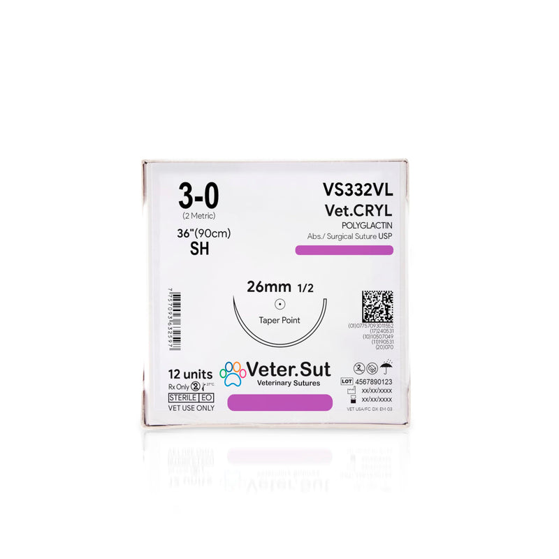 [Australia - AusPower] - VeterSut VetCRYL Absorbable Polyglactin Surgical Suture USP Size 3-0, (SH) 1/2 26mm Taper Point Needle, 36 Inches (90 cm), 12 Count, Veterinary Use 