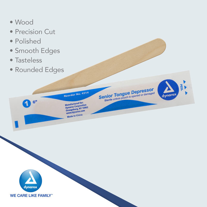 [Australia - AusPower] - Dynarex Tongue Depressors, Sterile, 6" Senior-Sized Length, Made from Beige Birch Wood, Comes in Peel-Down Patches, 1 Box of 100 100 Count (Pack of 1) 