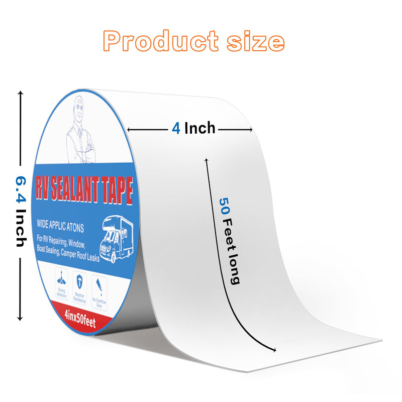 Rv Roof Tape White 4 Inch X 50 Feet, Waterproof Repair Sealant Tape UV-Resistant & Weatherproof Rv Awning Repair Tape for Window, Vent, Boat Sealing, Truck Camper Roof Patch kit Metal Roof Sealant 4in*50ft