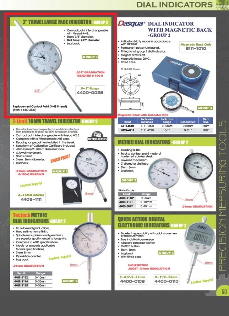 [Australia - AusPower] - HHIP 4400-0036 2" Large Face Travel Indicator, 0-2" Range, 0.001" Graduation 