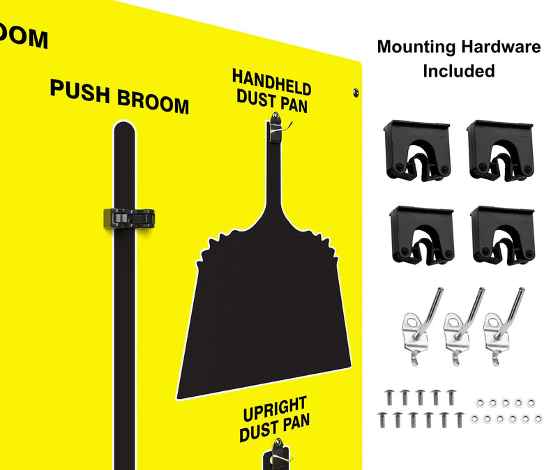 Clean & Sweep 5S Shadow Board/Wall Mount Broom Holder, 68" x 30" Board, 5S Cleaning Station - with Broom and Dustpan Set Included, Made in The USA by AccuformNMC, Yellow/Black, PSB616YLBK Max-Duty Aluminum