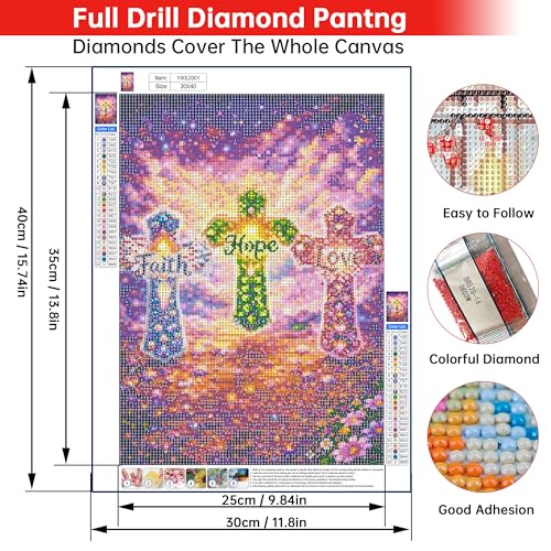 Yikenjoy Faith Hope Love 5D Diamond Painting Kit for Adults, Christian Religious Cross DIY Full Drill Gem Art, Inspirational Spiritual Wall Decor & Gifts, 16x12 Inch