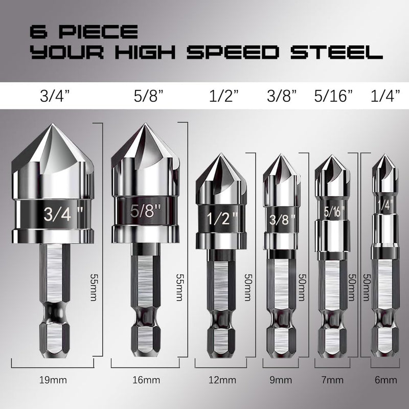 Countersink Drill Bit Set, 6 Pieces M35 Cobalt HSS 5-Flute Pro-Grade Countersink Bits, 1/4 Inch Quick Change Hex Shank for Metal Wood Stainless Steel Carbon Steel Auto Repair Marine Use