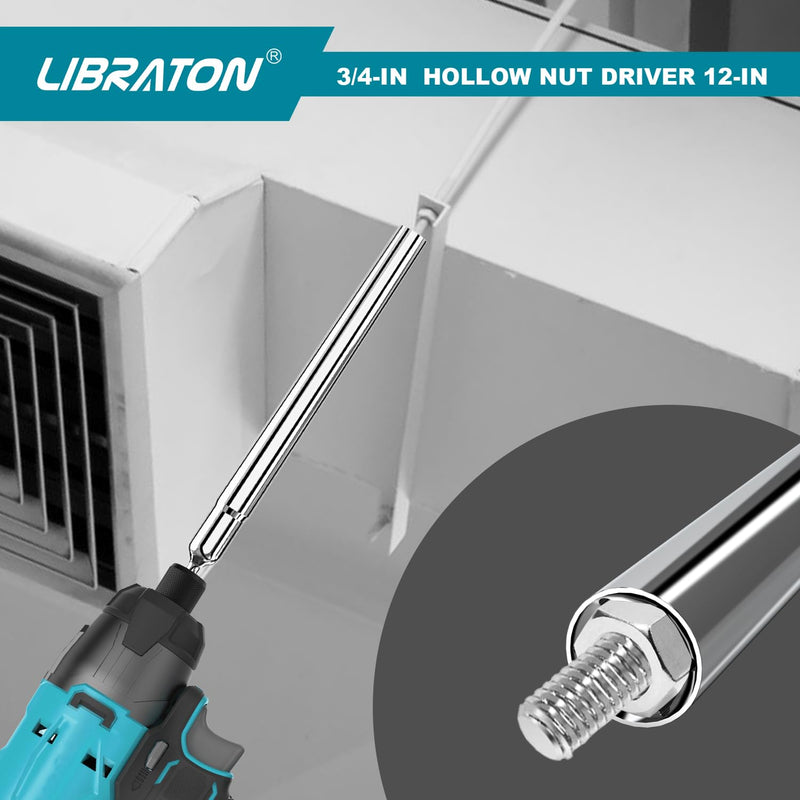 Libraton Hollow Nut Driver,Power Nut Driver Set 3/4",12 inch Long with 1/4" Hex Shank 12-inch long 3/4-inch