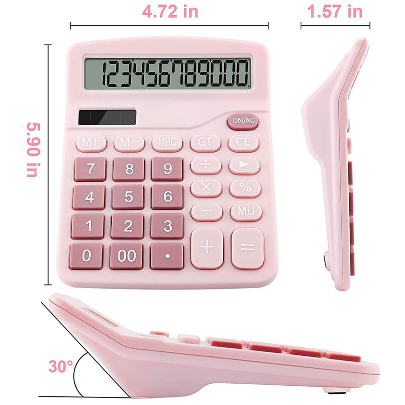 [Australia - AusPower] - Office Calculators Desktop, 12-Digit Dual Power Cute Calculator with Large LCD Display Big Button for Office Home and School (Pink) Pink 