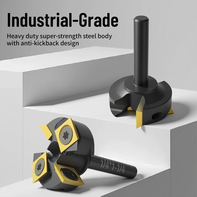 Slab Flattening Router Bit 1/4" Shank, 1-1/4" Cutting Diameter, 2+2 Titanium-Coated Flutes, Carbide Inserts for CNC Spoilboard Surfacing Planing and MDF Surfacing for Slab Leveler, Rabbeting 1/4" Shank, 1-1/4" Cutting Diameter,2+2 Wings