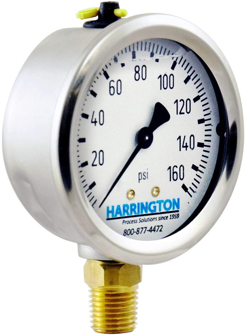 [Australia - AusPower] - Harrington 52894976 2-1/2" Liquid Filled Pressure Gauge 0/160 psi 304 Stainless Steel with Vented Fill Plug 1/4" NPT Bottom Mount Industrial Grade A +/- 2/1/2% Accuracy ASME B40.100 Model 213.53 