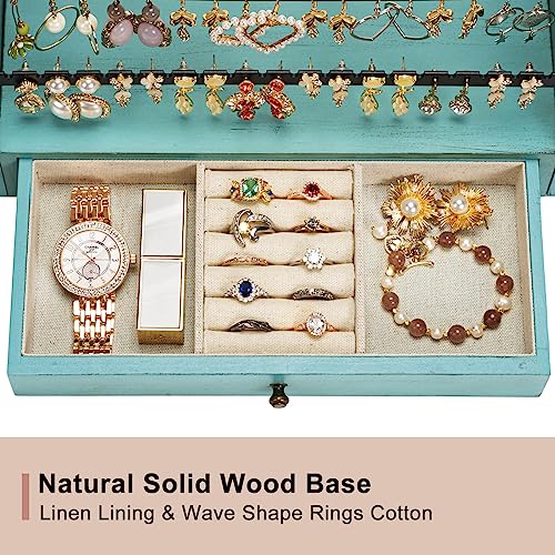 Pinzoveco Earring Organizer, 5 Layer Earring Holder Organizer with Necklace Holder Pole, Rustic Wood Jewelry Organizer Stand Display for Stud Earring Bracelet Necklace Ring, 175 Earring Holes Teal