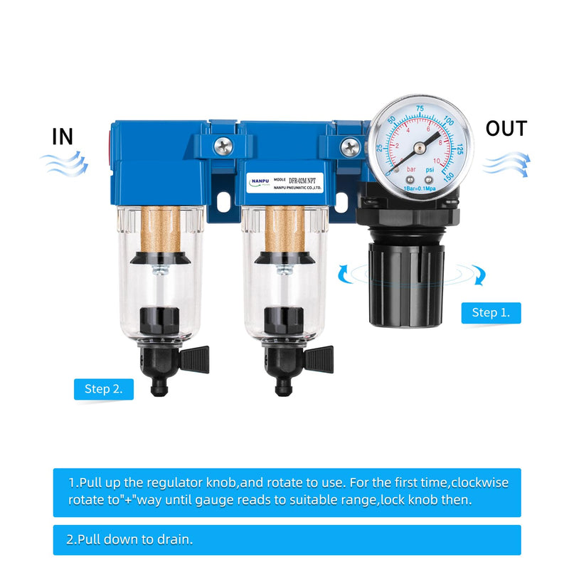 [Australia - AusPower] - NANPU 1/4" NPT Air Drying System - Double Air Filters, Air Pressure Regulator Combo - Manual Drain, Poly Bowl - DFR-02M 
