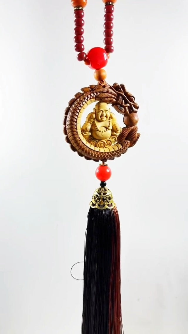 Protection Buddha Ornament for Car and Home,Chinese Fengshui Dec,Bring Positive Energy and Good Luck, Decorations,Peach Wood,Safe and Health (A Laughing Buddha)