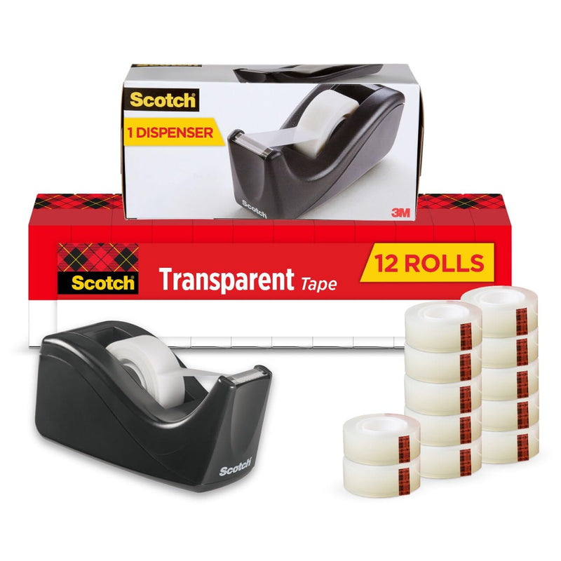 Scotch Transparent Tape with C60 Desktop Dispenser, Versatile, Cuts Cleanly, Engineered for Office and Home Use, 3/4 x 1000 Inches, Boxed, 12 Rolls, 1 Dispenser 12 Rolls + Dispenser