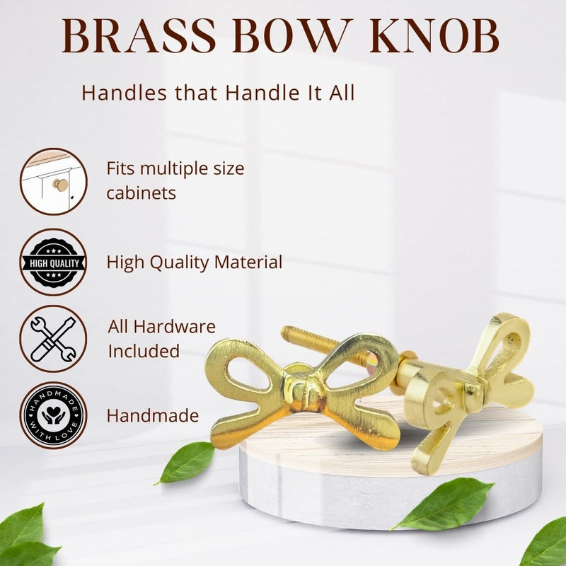 Perilla Home Set of 6 Brass Bow Knobs for Cabinet & Drawers Decorative Bow Knobs for Home Kitchen Cabinet Hardware Cupboard Metal knobs Door Dresser Wardrobe and Drawer Pulls Bow Design