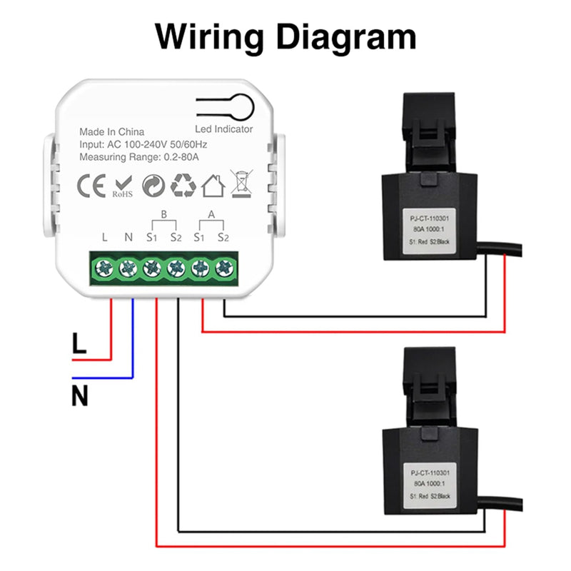 [Australia - AusPower] - WiFi Smart Electricity Meter: Dual Channel Smart Home Energy Monitor with 2PCS 80A CT Clamp, Calibration Function, Tuya Smart Life App Remote Control, Real Time Electricity Monitor 