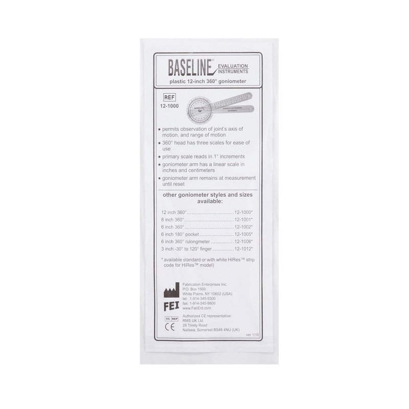 Baseline Plastic Goniometer - HiRes 360° Measuring Head with 12" Arms for Motion Range Measurement (ROM) 12" ISOM 360⁰