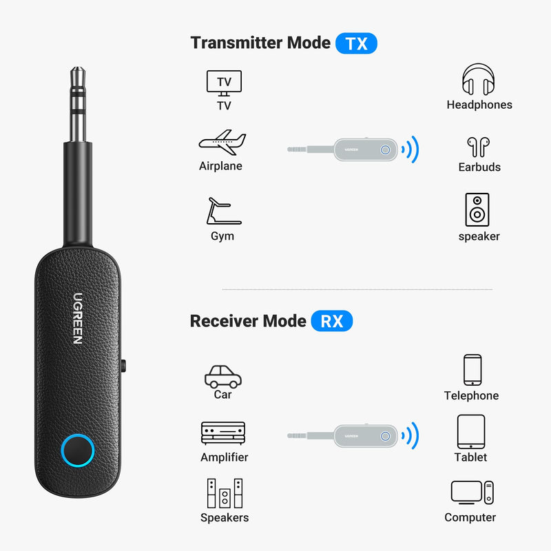 [Australia - AusPower] - UGREEN Bluetooth Transmitter Receiver for 2 AirPods or BT Devices, Bluetooth Wireless Transmitter for Headphones, 3.5mm Aux Audio Jack Adapter for in-Flight TV Car Home Stereo System 
