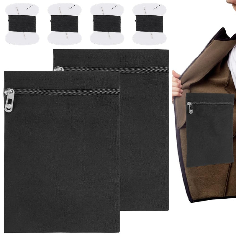 Craspire 2-Piece Sewn-in Side Pocket with Zipper and Thread, Black Coats, Inner Pockets, Hidden Pockets, Travel Security Anti-Theft Bags, Mastectomy Recovery Windbreakers