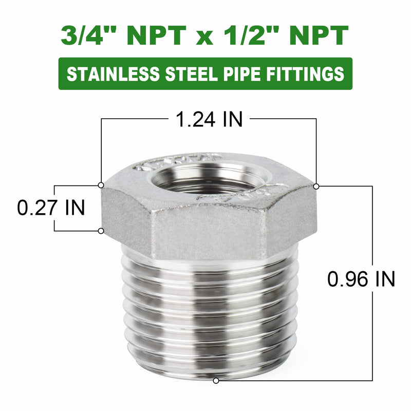 [Australia - AusPower] - TAISHER 5PCS 304 Stainless Steel Reducer Hex Bushing, 3/4" NPT Male x 1/2" NPT Female, Reducing Pipe Adapter Fitting 3/4” MNPT x 1/2“ FNPT 5 