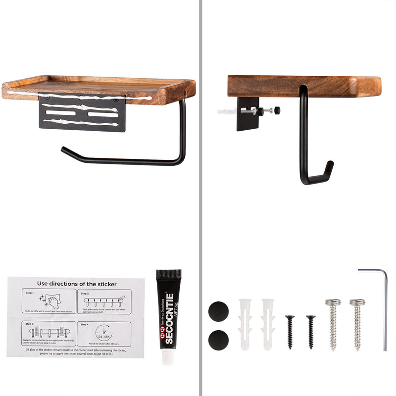 Yangbaga Toilet Paper Holder with Shelf: Wall Mount Bathroom Tissue Roll Storage with Adhesive& Screw, Matte Black Aluminum Alloy Bathroom Accessories Wood Shelf for Phone Wipes 7.5in*4.3in*3.46in