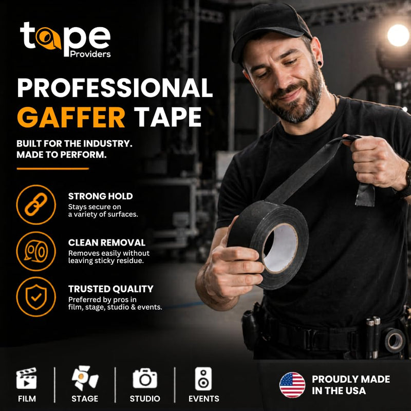 WOD Professional Grade Black Gaffer Tape - Made in USA - 1/2 in. x 50 yds. No Sticky Residue, Cables, Non Reflective, Hand Tearable, Photography, Filming Backdrop, Production 1/2 inch