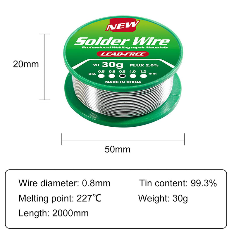 [Australia - AusPower] - Solder 0.8 mm 30 g, Solder Lead Free with Rosin Core, Lead-Free Soldering Wire Electronics, Sn99.3 Cu0.7, for Electric Soldering and DIY 