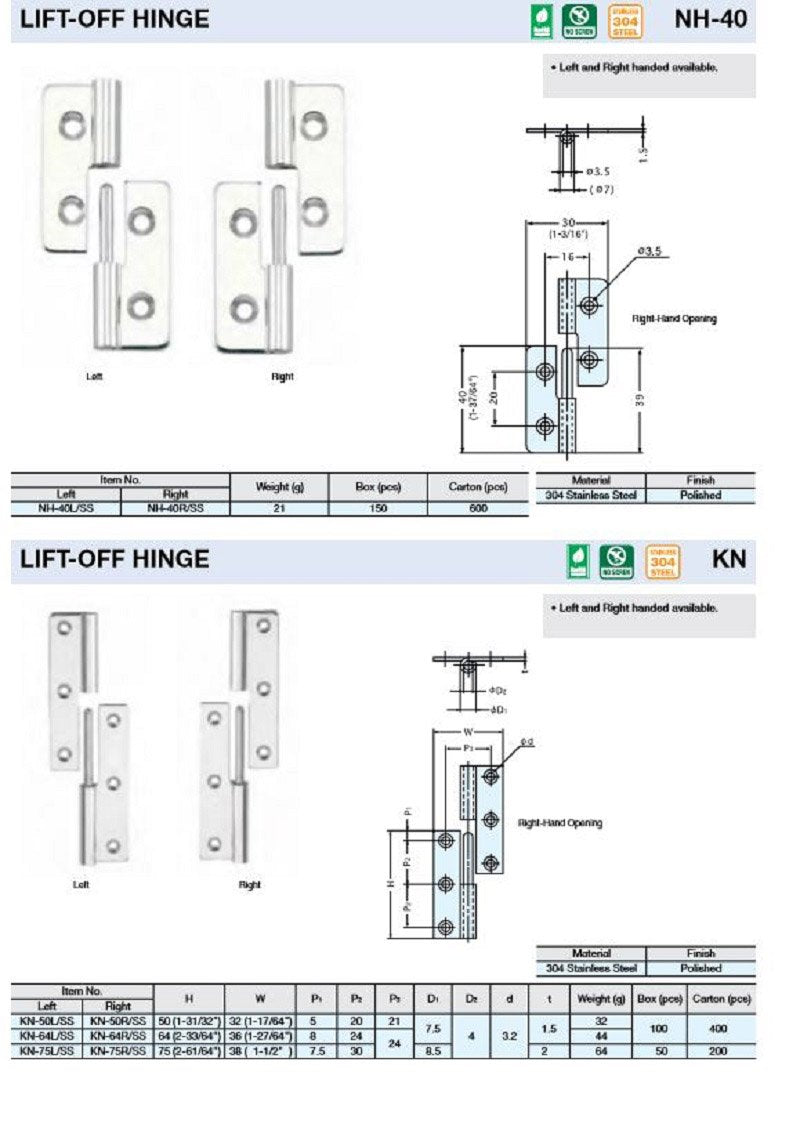[Australia - AusPower] - Sugatsune KN-64L/SS Lift Off Hinge, Stainless Steel 304, Polished Finish, Left Handedness, 1.5mm Leaf Thickness, 36mm Open Width, 7.5mm Pin Diameter 