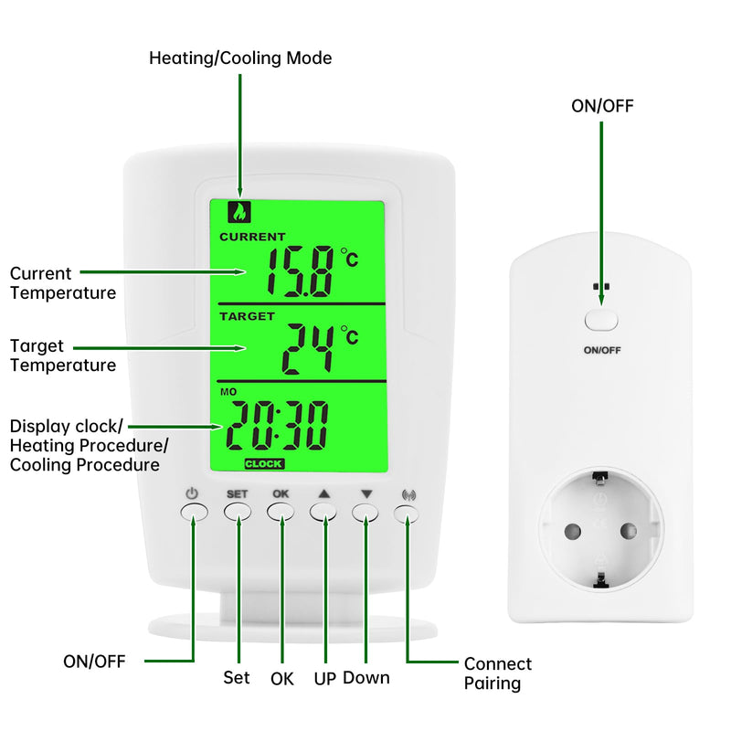 [Australia - AusPower] - diymore Wireless Thermostat Socket, Infrared Heating Thermostat with Heating and Cooling Mode, Socket Thermostat 230 V with Temperature Sensor, LCD Display with Backlight 