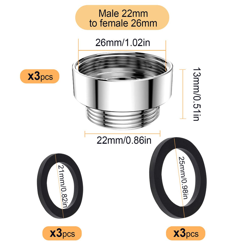 [Australia - AusPower] - 3 Piece Tap Adapter, CNYMANY Male M22 mm to Female M26 mm Adapter for Kitchen Aerator Sink Tap Adapter Garden Hose Connect Water Filter Standard Hose via Diverter Männlich M22mm auf Weiblich M26mm 