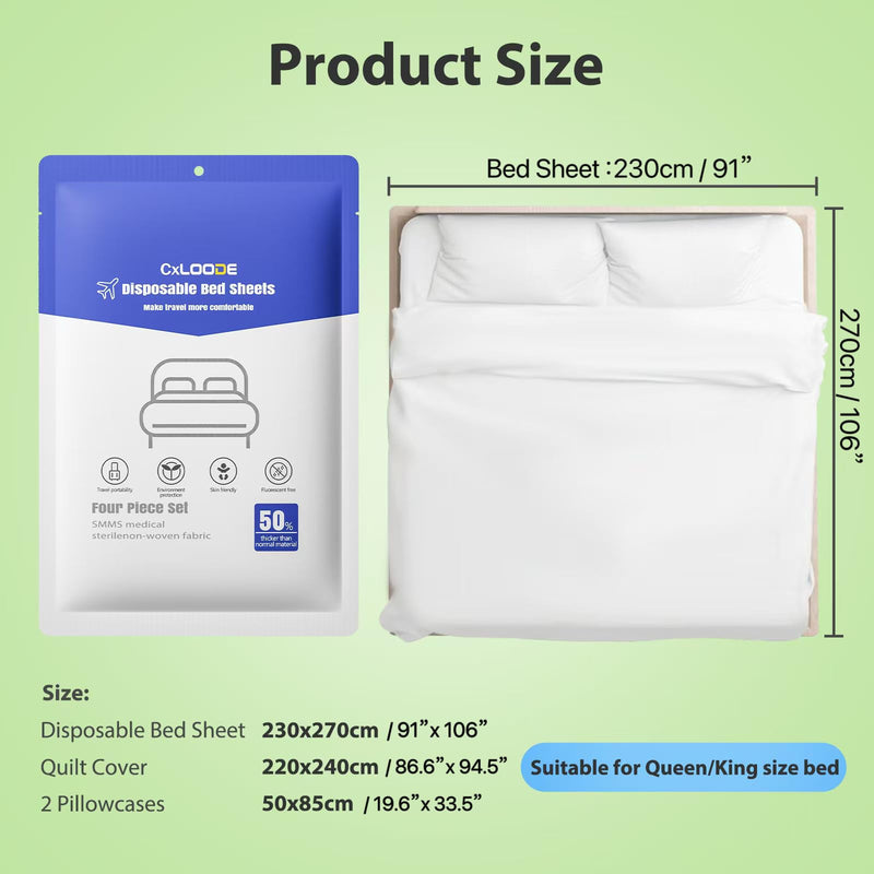 [Australia - AusPower] - 4 PCS Disposable Bed Sheet Queen Size, Travel Sheet for Hotel, Disposable Sheet for Travel Bedding Cover Portable Sheet with 1 Quilt Cover, 1 Sheet and 2 Pillowcase for Travel Business Trip Spa Hotel 