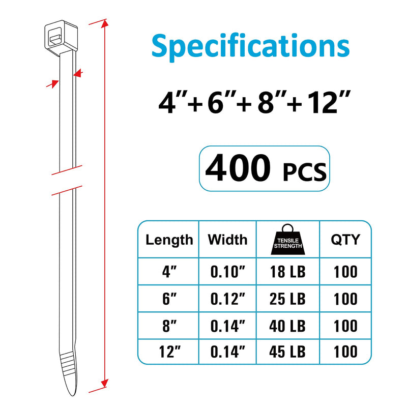 Zip Ties Assorted Sizes(4+6+8+12), 400 Pack, Black Cable Ties, UV Resistant Wire Ties by ANOSON 4+6+8+12 (400 Pack)