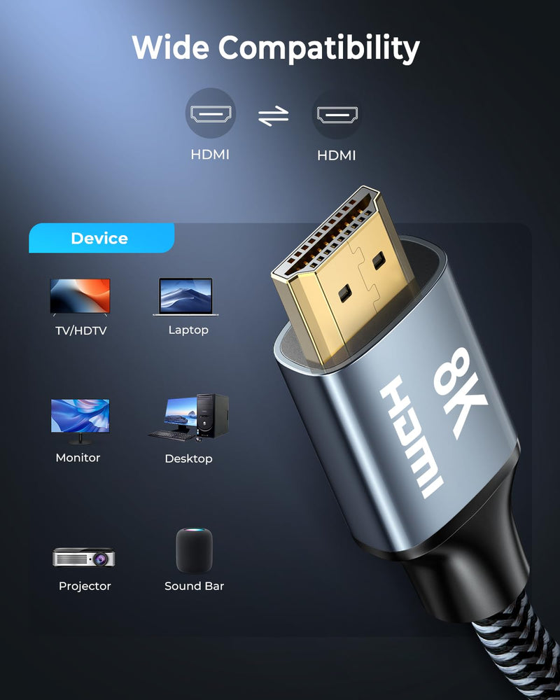 8K HDMI Cable 40 ft, 48Gbps High Speed HDMI 2.1 Cable, Braided HDMI Cable 2.1 8K 60Hz 4K 120Hz Support for HDR eARC HDCP 2.2/2.3, HDMI Cord Compatible with HDTV, Laptop, Monitor, PC 40FT 1