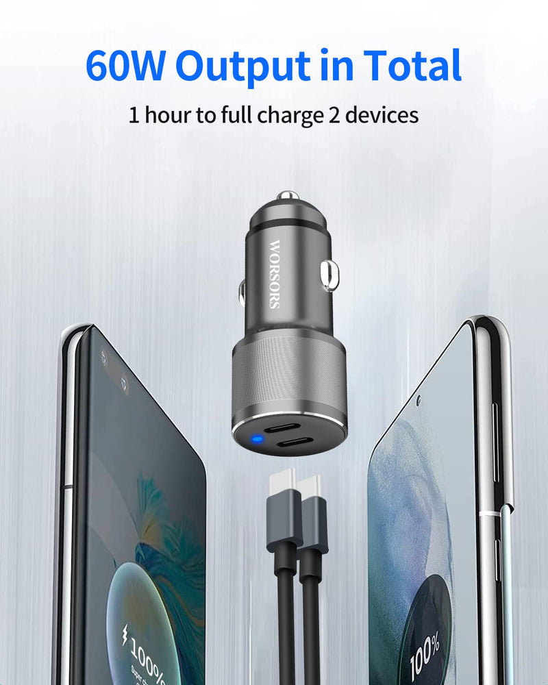 [Australia - AusPower] - Dual USB C Car Charger, 60W PD (30W + 30W) Super Fast Charging Adapter Metal for iPhone 15 Pro Max, Samsung Galaxy S24 Ultra/S24 Plus/S24/S23/S22/S21, Note 20/10, iPad Pro + 2X Type C to C Cable 3.3Ft Gray 
