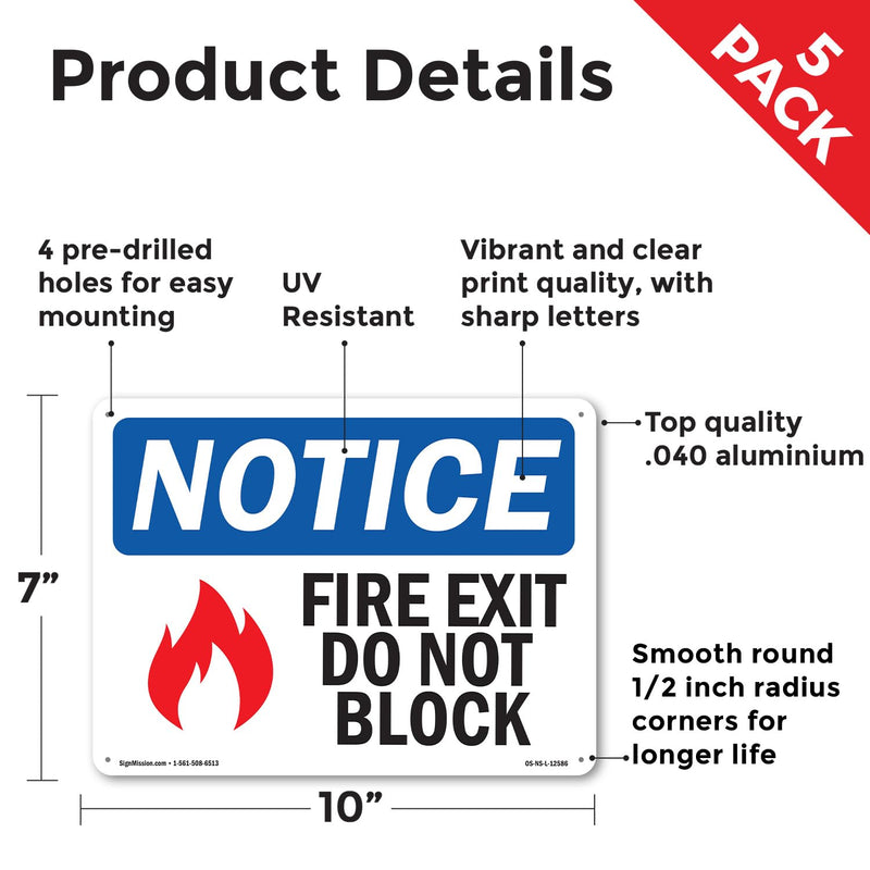 Fire Exit Do Not Block OSHA Notice Aluminum Sign 10 Inch x 7 Inch - 5 Pack 5 Pack of 10" x 7"