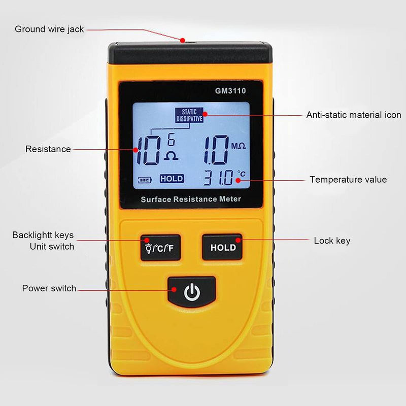 [Australia - AusPower] - Surface Resistance Meter,GM3110 Anti?Static Surface Resistance Tester with High?Definition LCD Backlight Digital Display,High-Precision Handheld Earth Insulation Resistance Tester, surface resist 