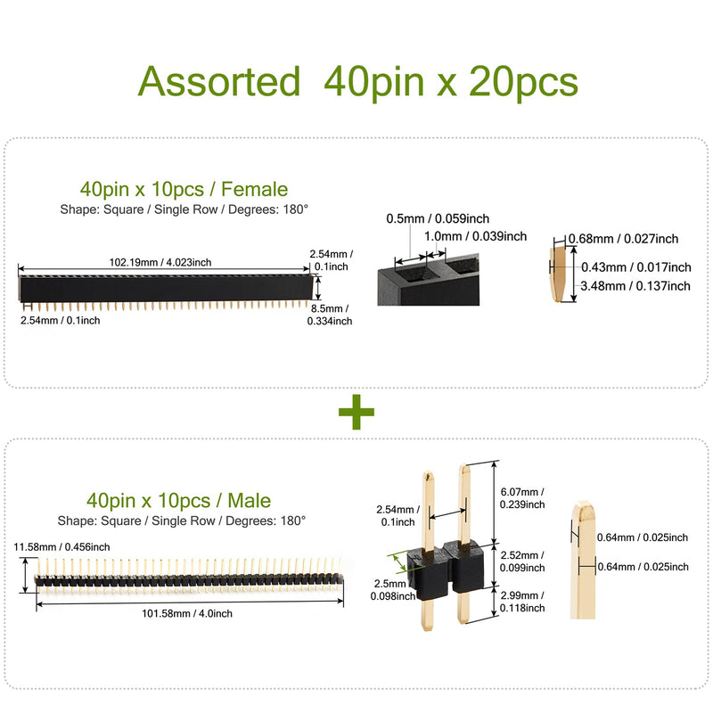 [Australia - AusPower] - Chanzon Header Strip for Arduino GPIO 40-pin x 20pcs Female/Male Pins Straight Single Row Square Pitch 2.54mm Breakaway PCB Connector Kit Gold Plated (1) Standard (01) Male+Female 40pin 20pcs 