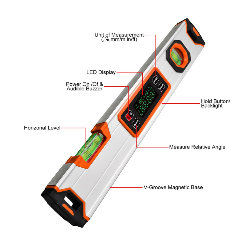 [Australia - AusPower] - 15.7-Inch Digital Torpedo Level & Angle Finder – IP54 Waterproof Inclinometer with Backlit LCD, V-Groove Magnetic Base, 0.1° Accuracy – for Construction, Woodworking, Metalworking（Orange) Orange 
