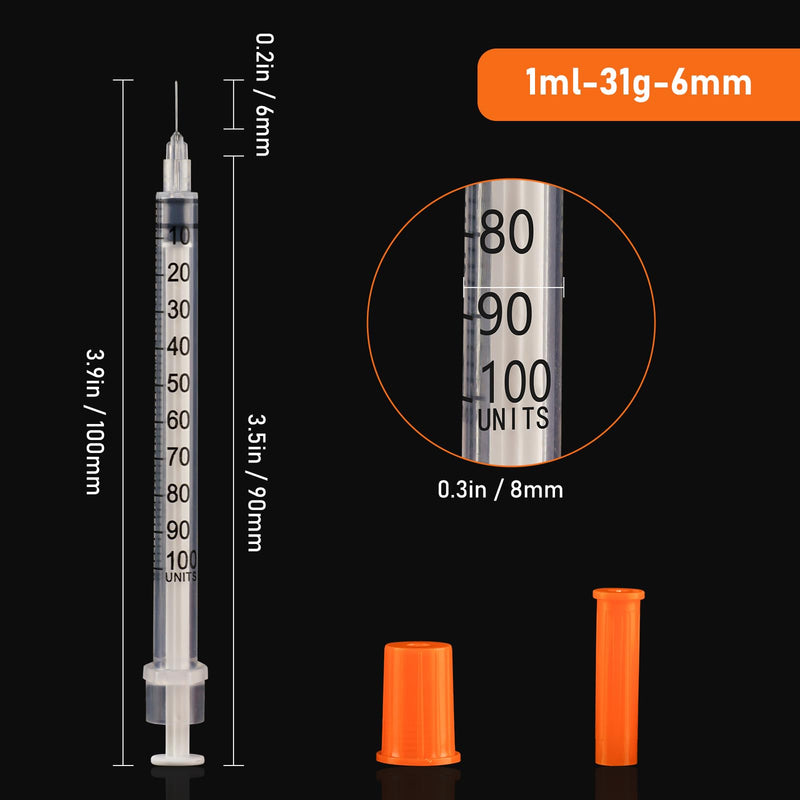 U-100 1ml 31ga Disposable Syringe and 31G x 6 mm (1/4") Needle, Lab Dispensing Supplies, 100Pack 31G 1cc 1/4" 6mm 100 pack