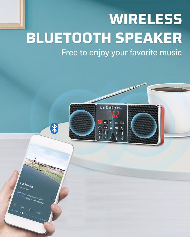 [Australia - AusPower] - PRUNUS J-288 Portable Radio AM FM Radio with Bluetooth Speaker, Sleep Timer, Power-Saving Display, Ultra-Long Antenna, AUX Input & USB Disk & TF Card MP3 Player, NO Manual Preset Red 