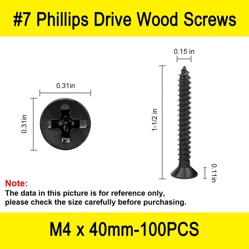[Australia - AusPower] - 100 pcs#7 x 1-1/2'' Drywall Screws,Black Wood Screw,Flat Head Phillips Screws Self Tapping Screws Used in Furniture,Woodworking Repairs and DIY Projects（M4 x 40mm） #7x1-1/2''-100Pcs #7-M4 Wood Screws 