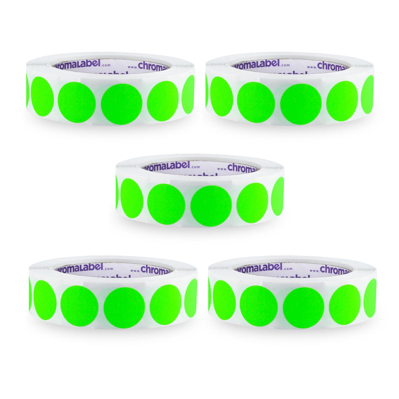 ChromaLabel 1 Inch Fluorescent Green Circle Sticker Labels, Removable Color Coding Dots, Easy to Write On – 1,000 per Roll, Pack of 5
