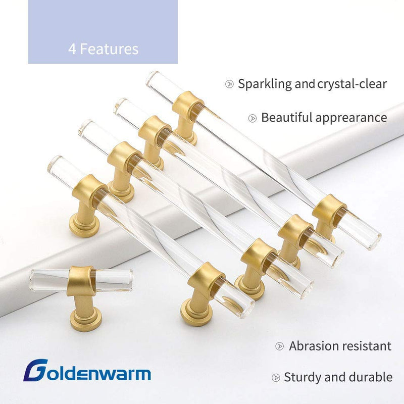 Goldenwarm 5 Pack 3-3/4 Inch Matte Gold Cabinet Pull Clear Acrylic Furniture Hardware Glass Cabinet Hardware for Kitchen Cupboard Bathroom 3.75"/96MM Hole Center