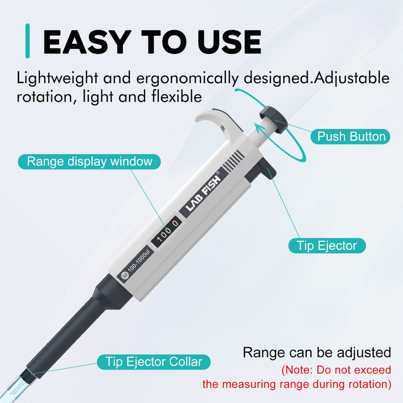 LAB FISH M100-1000ul Lab Pipette, 100-1000ul Adjustable Volume w/200 Tips | 100-1000ul range, 0.1ml increment, single channel, manual, includes 200 tips, for lab liquid transfer Single Channel Pipettor 100-1000ul Set