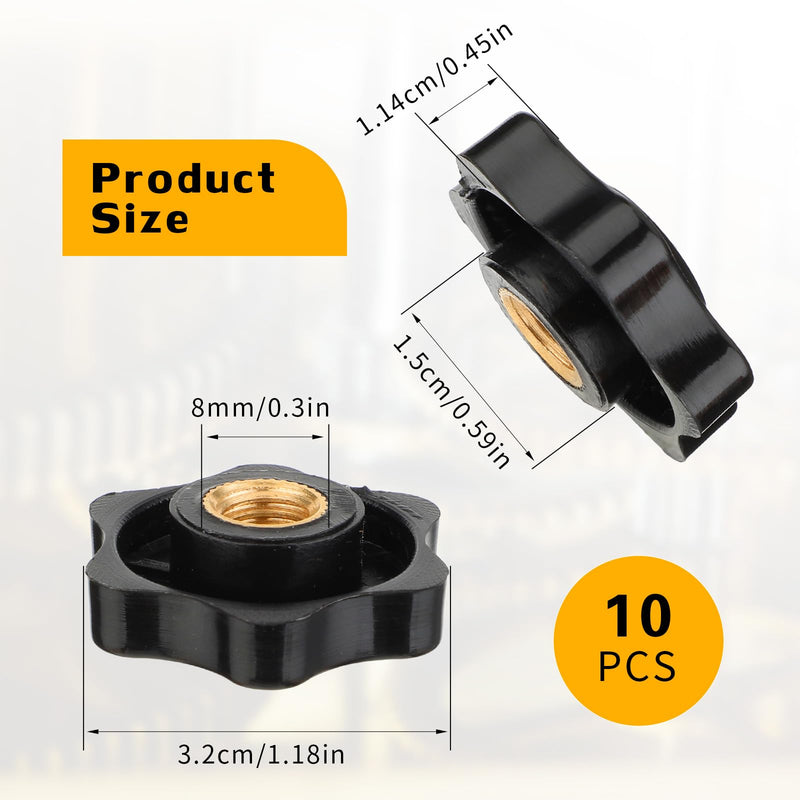 [Australia - AusPower] - Giantree 10 Pcs Metric M8 Star Shape Knurled Clamping Nuts, Black Plastic Screw-On Handle Clamping Knob Grip Assortment for Machinery Equipment Latche 