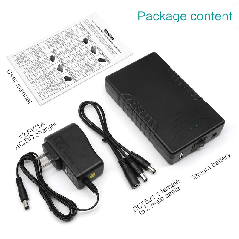 [Australia - AusPower] - Talentcell Rechargeable 12V 6000mAh/5V 12000mAh DC Output Lithium ion Battery Pack for LED Strip and CCTV Camera, Portable Li-ion Power Bank with Charger, Black 