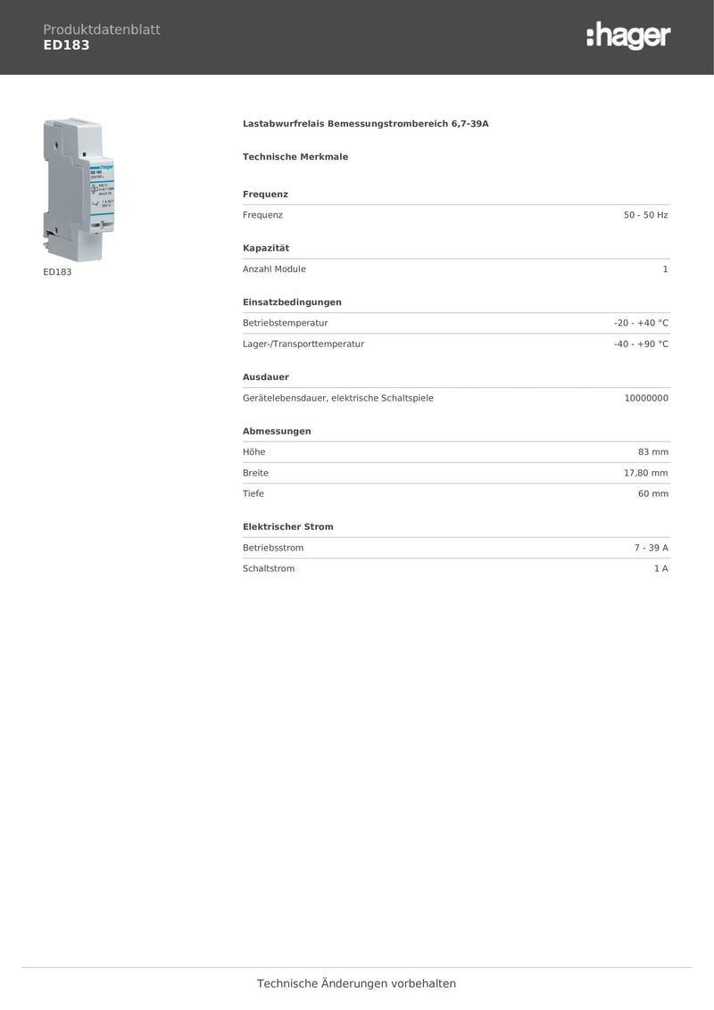 Hager ED183 – RELE Intensity 230 V 50 Hz 1 Contact Open