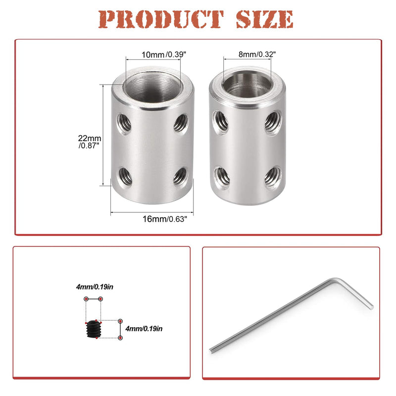 [Australia - AusPower] - 8mm to 10mm Bore Rigid Coupling Set Joint with Screw Wrench L22XD16 Stainless Steel,Shaft Coupler Connector for 3D Printers, Motor Accessories,2pcs 8mm to 10mm 2 